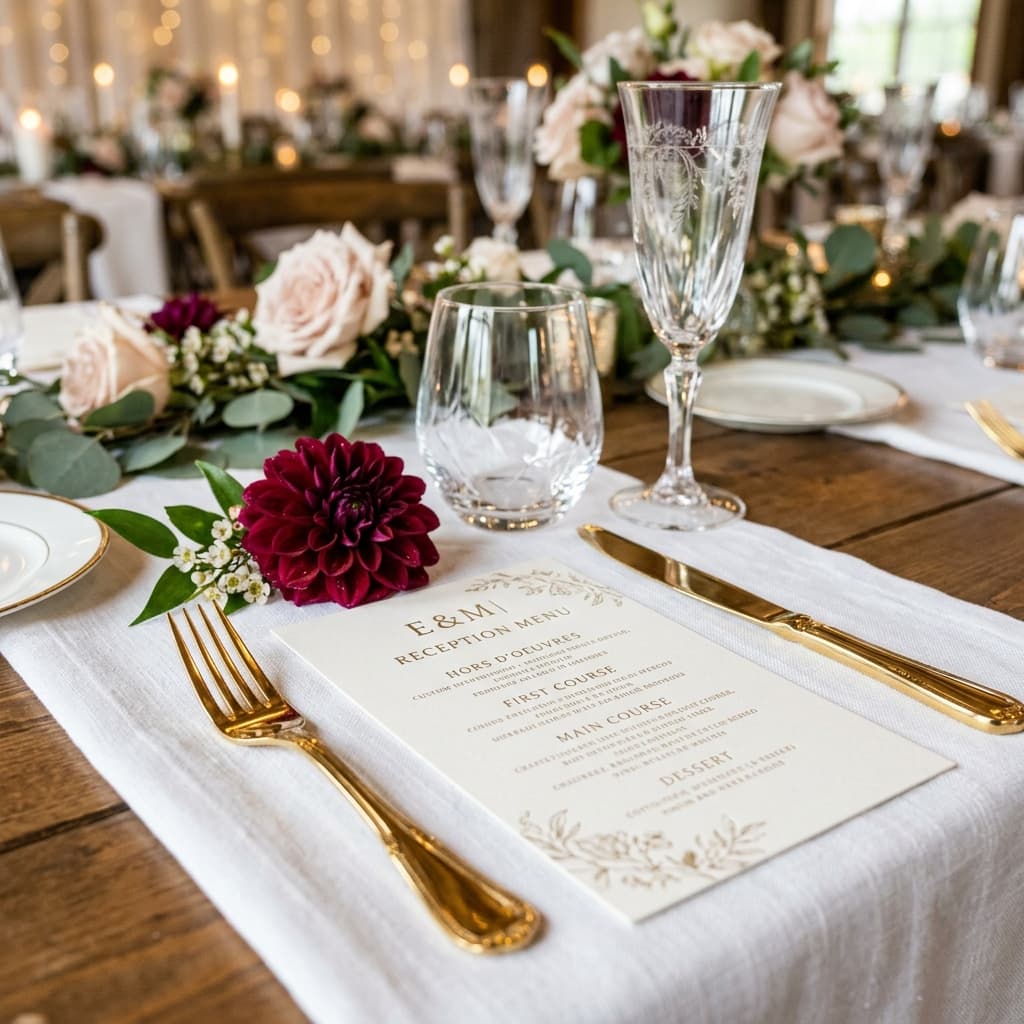 Elegant wedding table setting with burgundy accents
